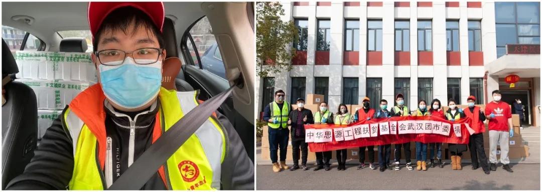 左圖：10輛轎車后座和后備箱堆滿了菜，出發送給社區；右圖：各位志愿者協助接收消毒防護物資